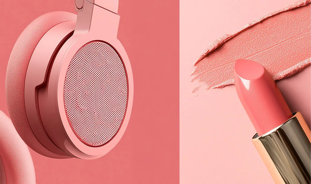 Close-up of pink headphones and upright lip gloss, both featuring Susonity’s innovative high-performance coating materials.